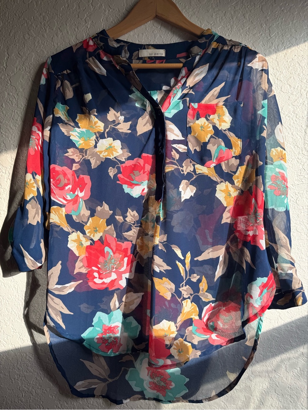 Navy Floral Sheer Blouse with Red & Teal Blooms